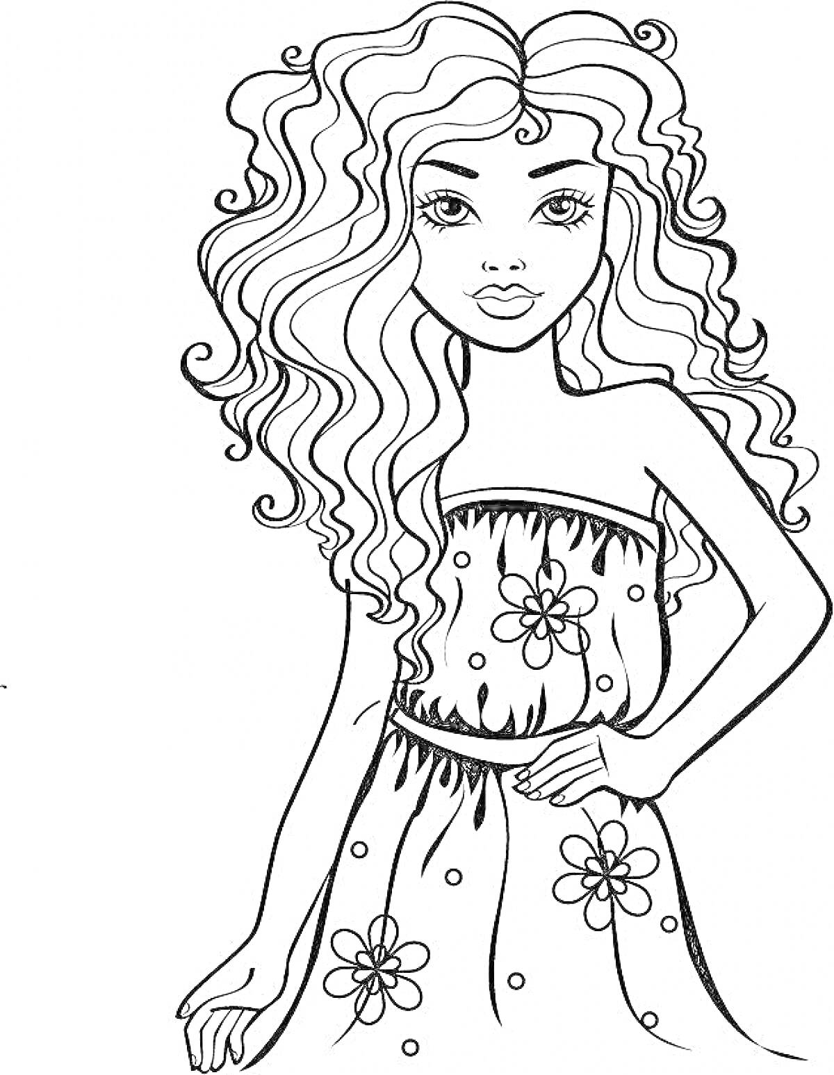 На раскраске изображено: Модель, Длинные волосы, Волнистые волосы, Платье, Цветочный узор, Мода