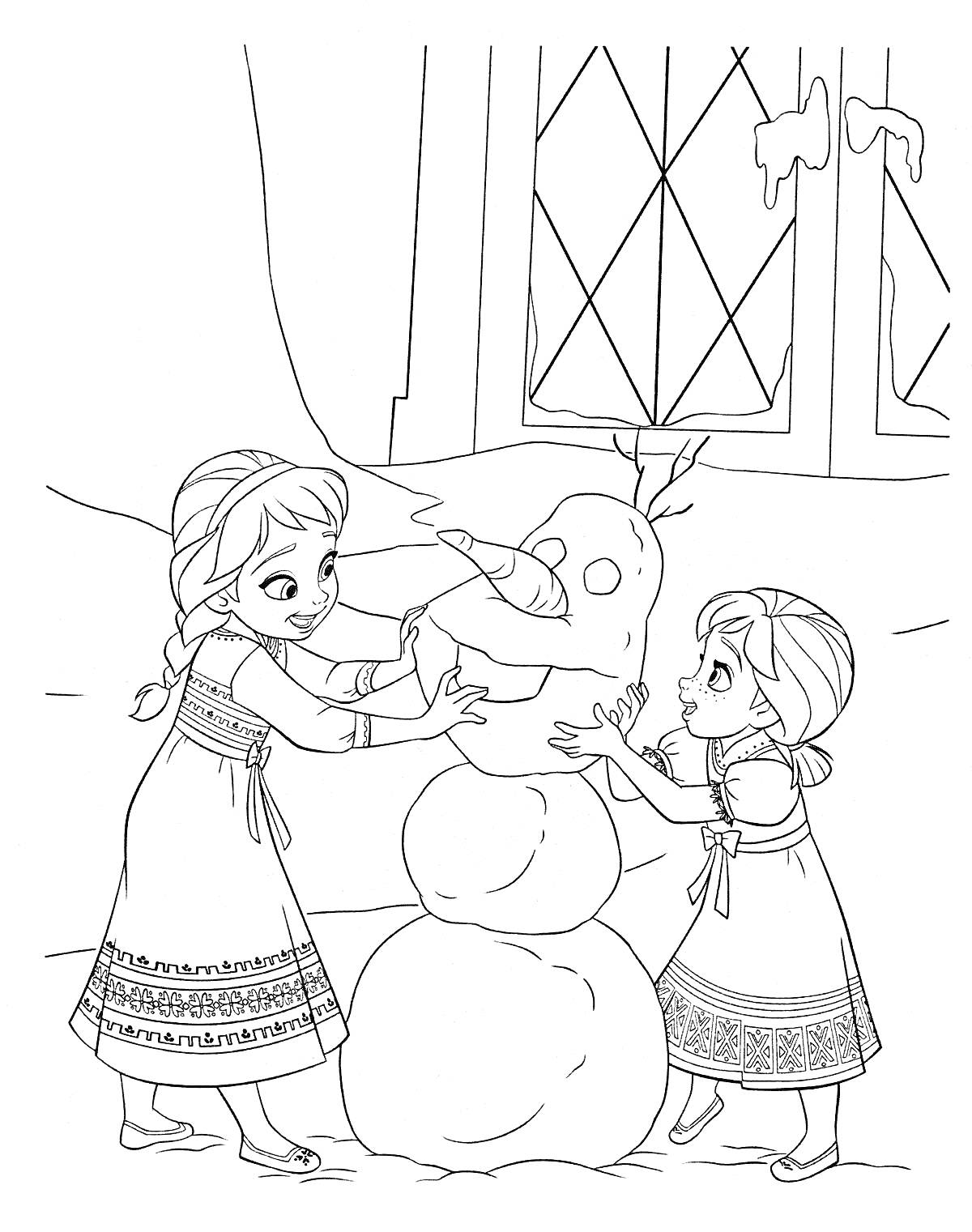 Раскраска Анна и Эльза лепят снеговика внутри дома у окна