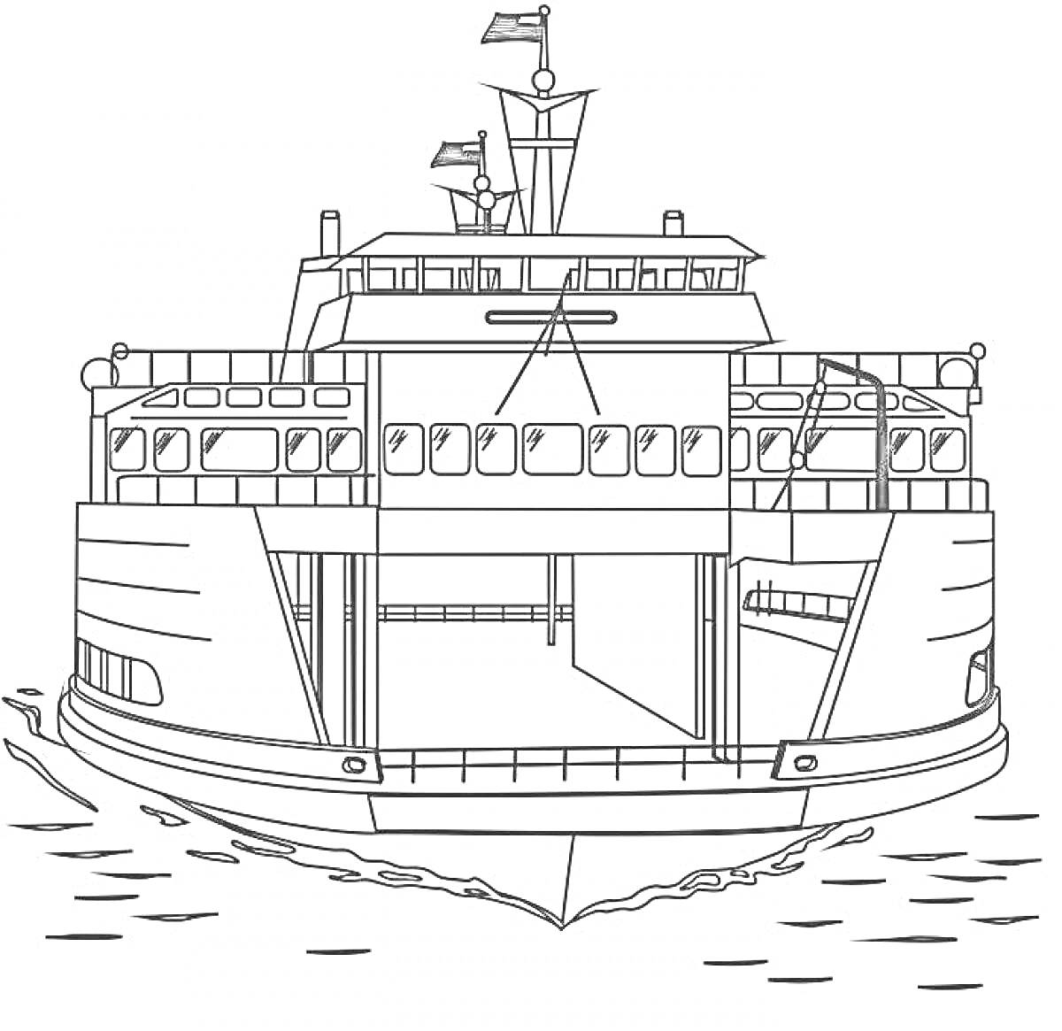 На раскраске изображено: Буксир, Судно, Корабль, Море, Антенны, Окна, Палуба, Флаг