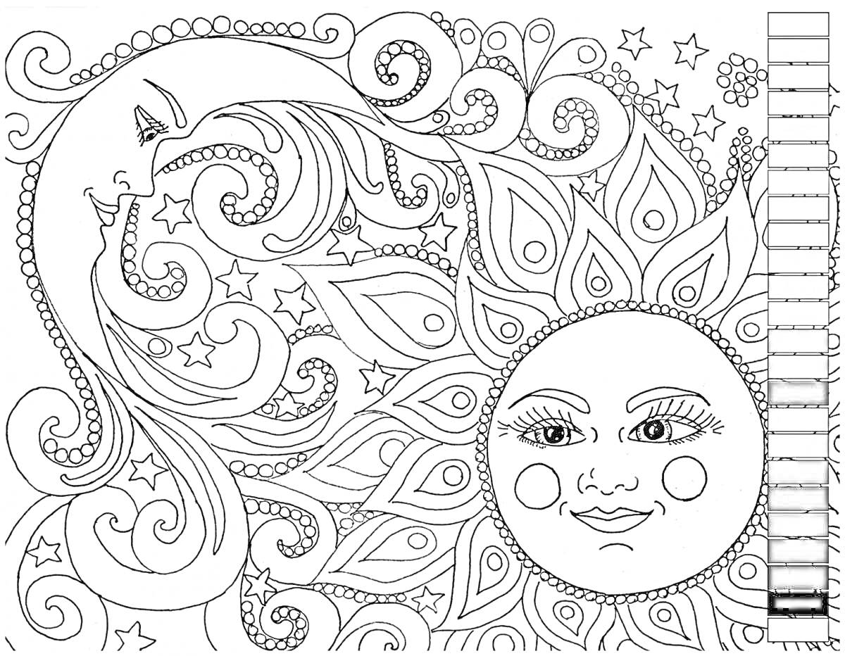 На раскраске изображено: Солнце, Луна, Завитки, Орнамент, Звезды, Абстрактное искусство, Узоры