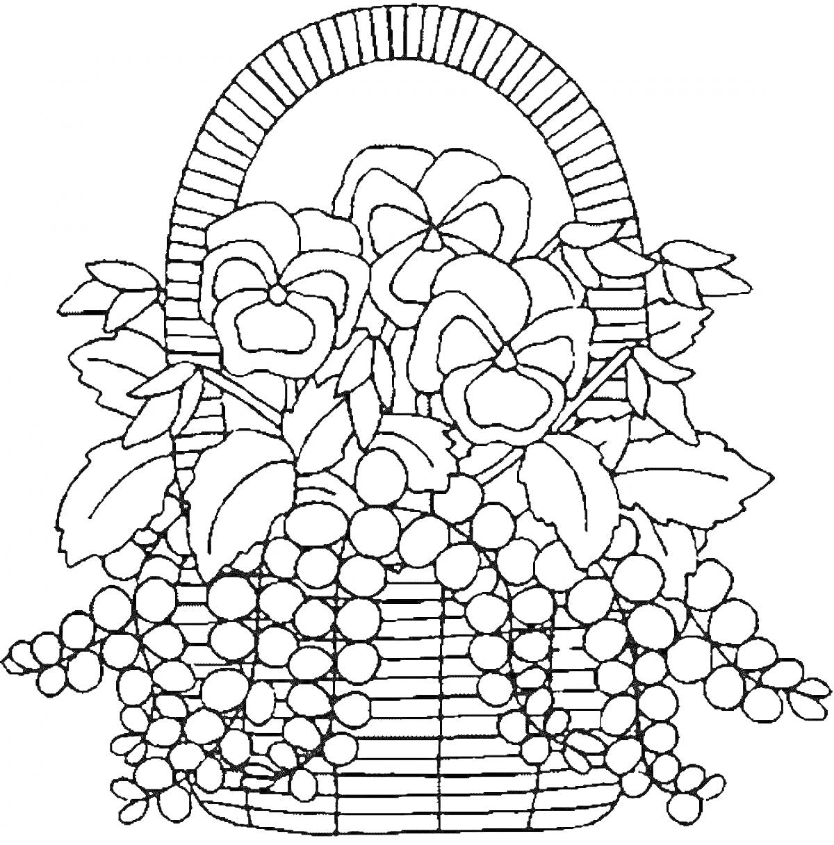 На раскраске изображено: Корзина, Цветы, Ягоды, Листья, Плетеная корзина, Растения