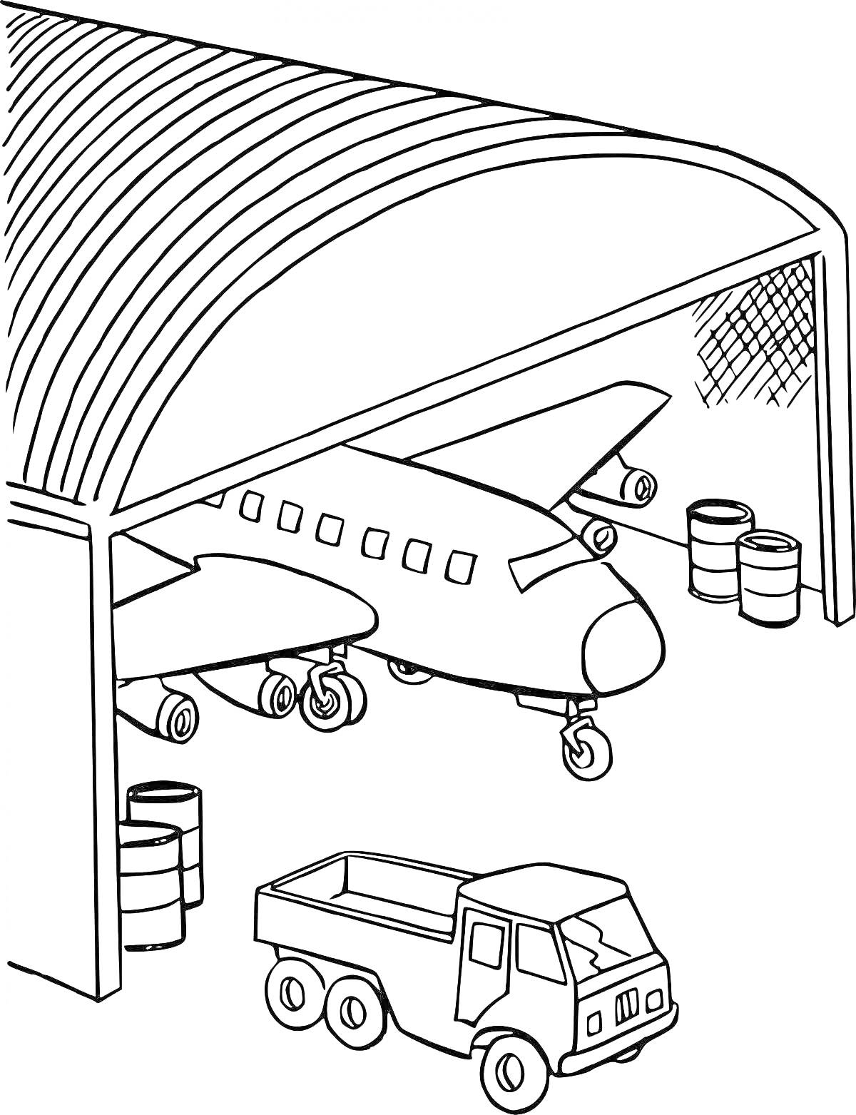 Раскраска Самолет в ангаре с грузовиком и бочками