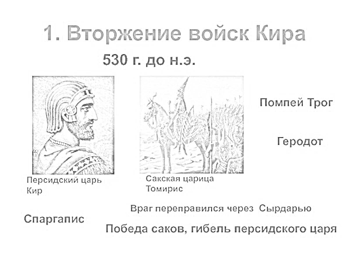 РаскраскаВторжение войск Кира - Персидский царь Кир, Сакская царица Томирис, Спаргапис, Помпей Трог, Геродот, Враг переправился через Сырдарью, Победа саков, гибель персидского царя