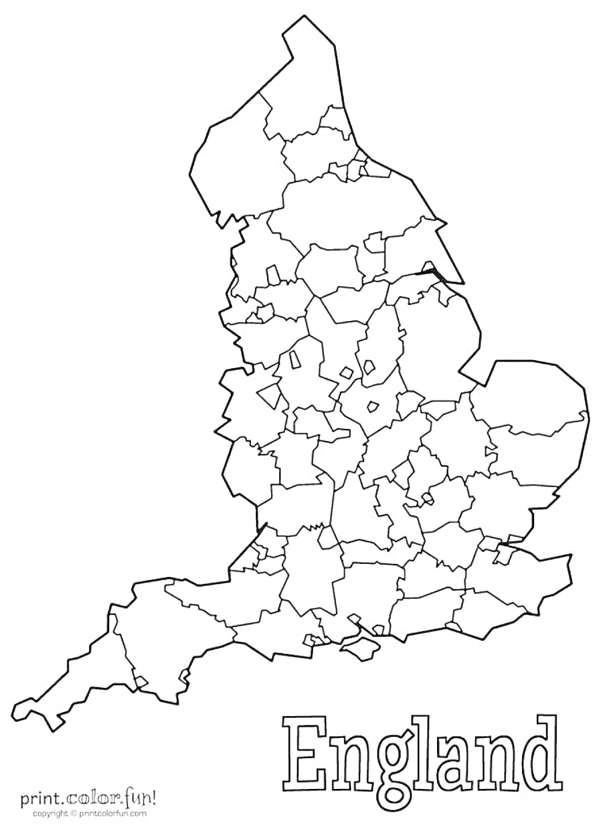 Раскраска карта Англии с границами графств и надписью 