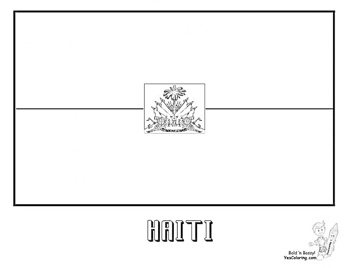 Раскраска Флаг Гаити, прямоугольник, нанесено изображение герба, надпись 
