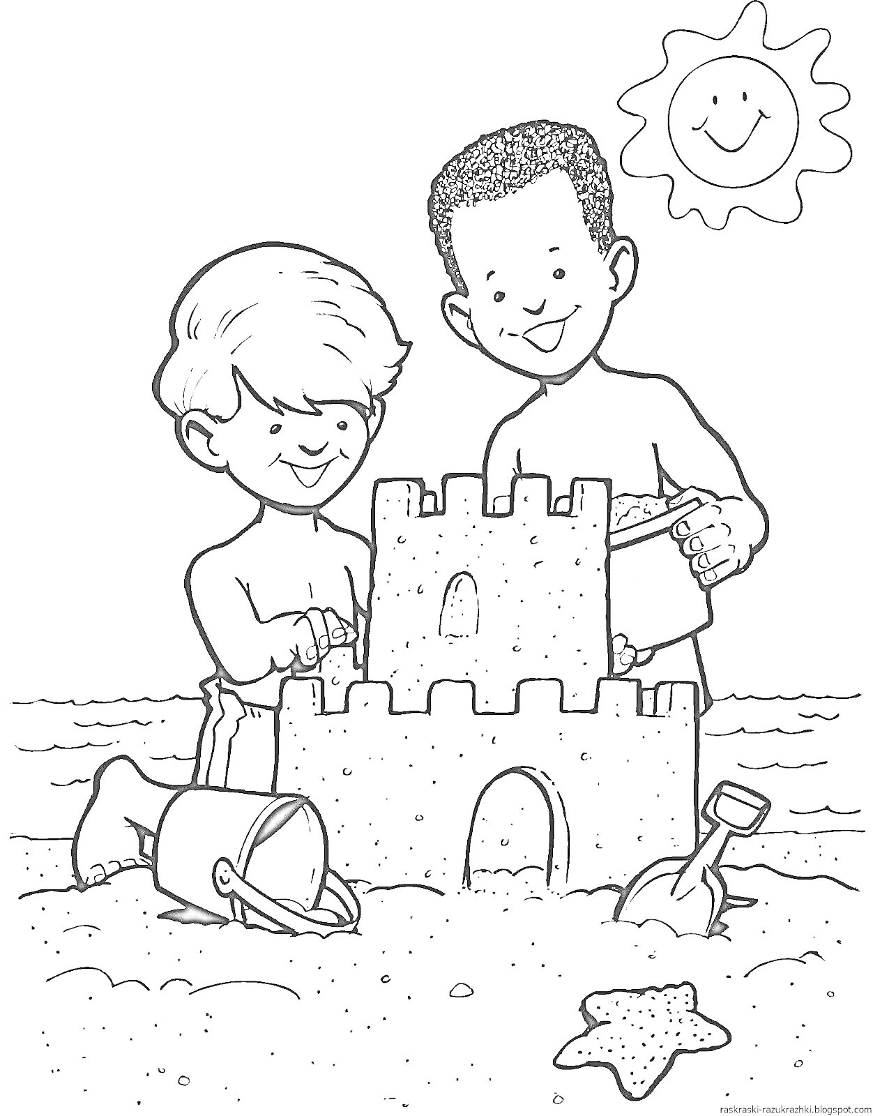 На раскраске изображено: Песочница, Замок из песка, Ведёрко, Бутылка, Море, Пляж, Игры на пляже