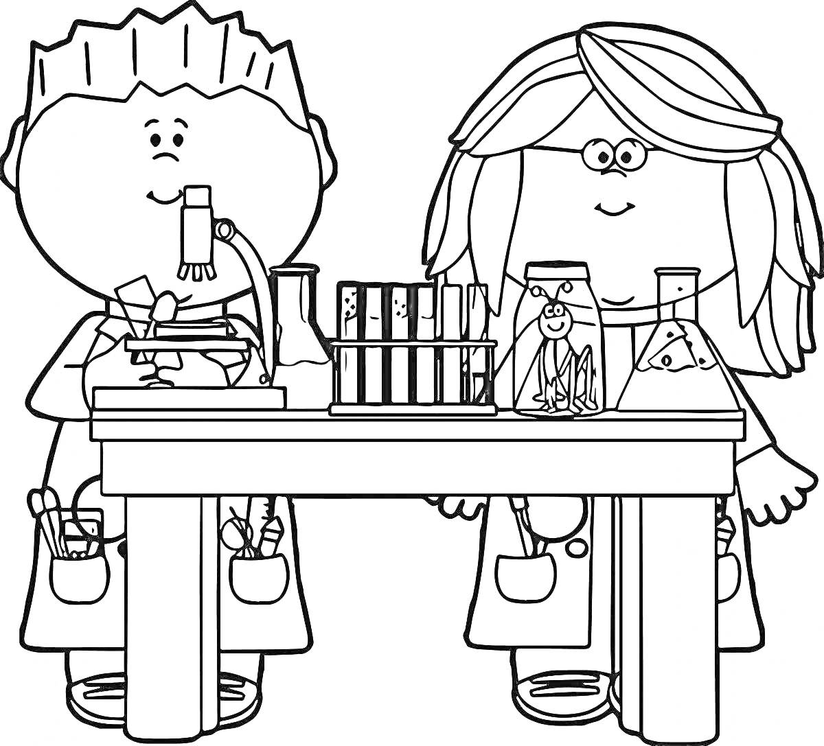Раскраска Дети за лабораторным столом с микроскопом и химическими колбами