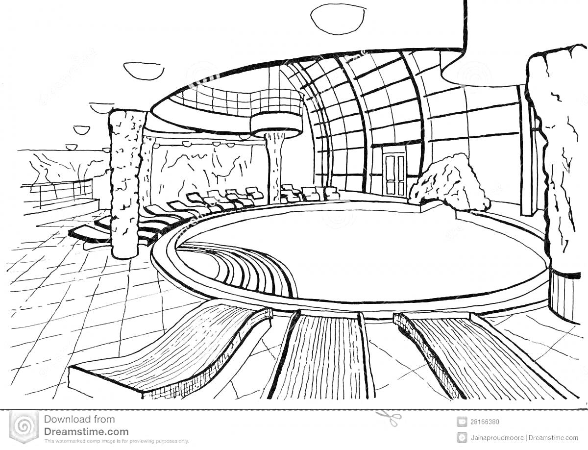 На раскраске изображено: Бассейн, Дом, Круглой формы, Шезлонги, Плитка, Колонны, Интерьер, Отдых, Расслабление, Вода