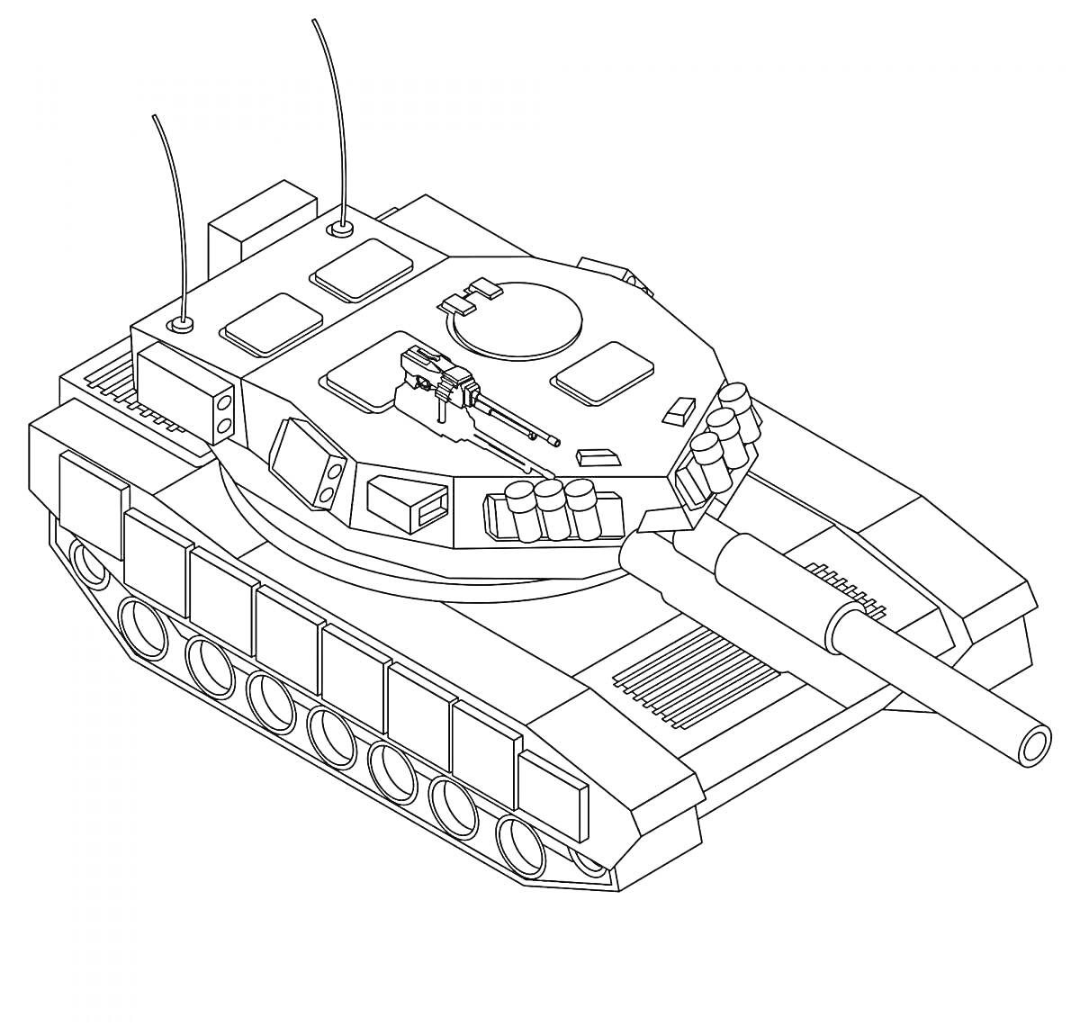 Раскраска Раскраска танка с подробными элементами - антенны, башня с пушкой, корпус, гусеницы с опорными катками, крышка люка