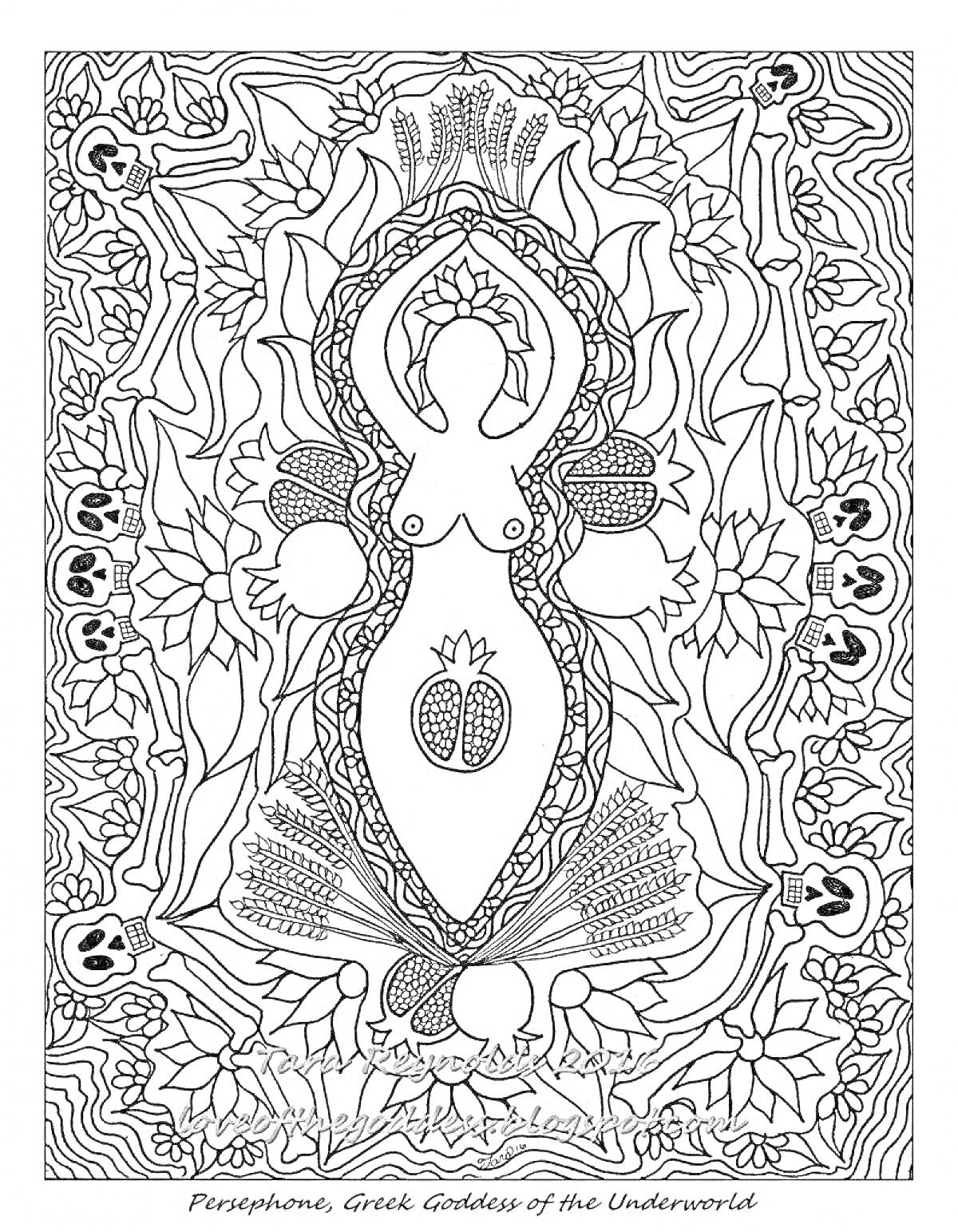 На раскраске изображено: Богиня, Черепа, Цветы, Медитация, Античность, Мифология, Лоза, Граната