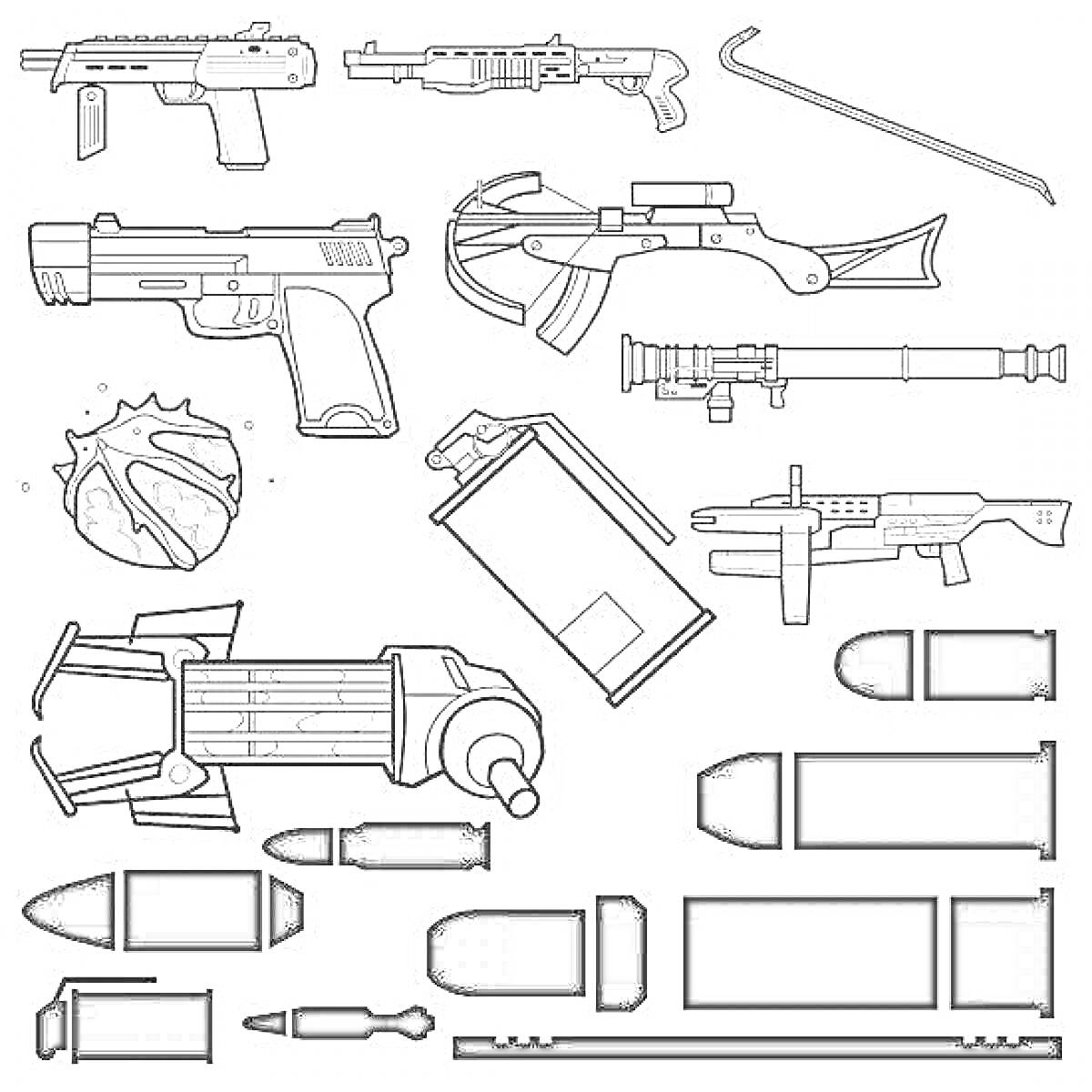 Раскраска оружие и боеприпасы из игры Standoff 2, включая пистолеты, дробовики, снаряды, арбалеты, гранаты, и крюки