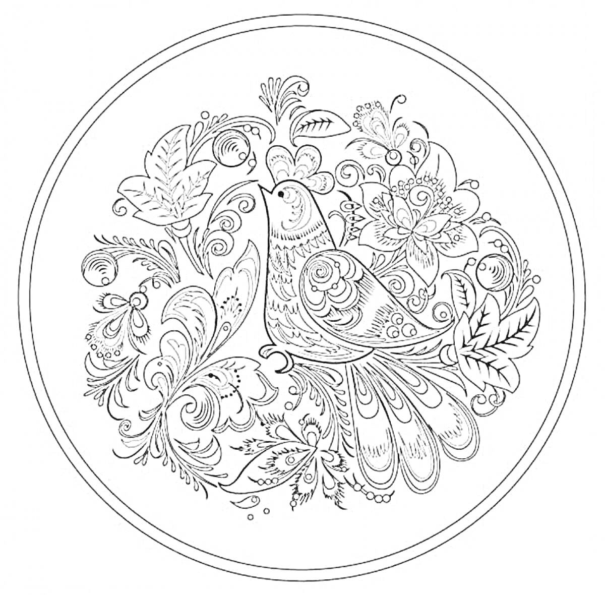 Раскраска Птица среди цветочных узоров на круглой тарелке в стиле хохлома.