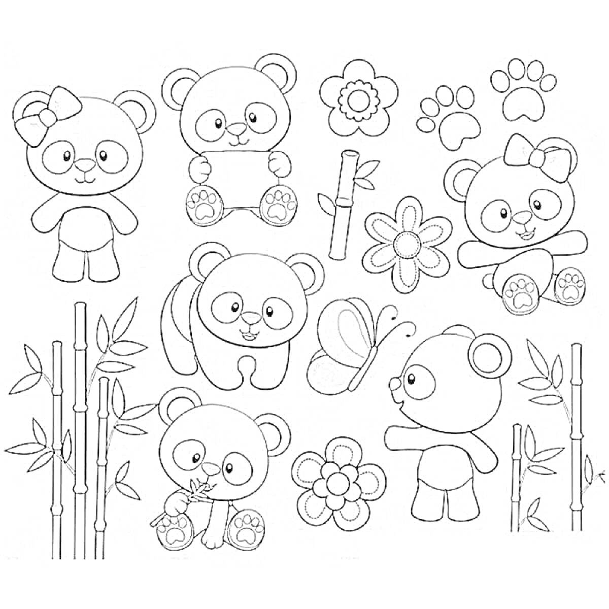 На раскраске изображено: Панды, Цветы, Бамбук, Бабочка, Следы лап, Растения, Природа, Животные