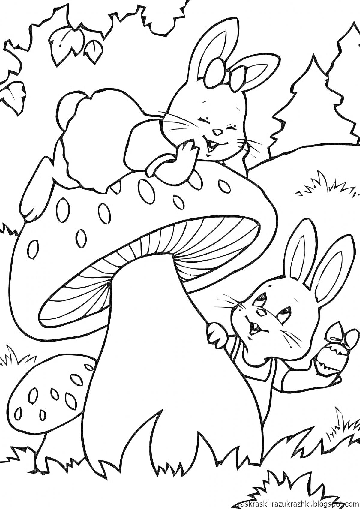 Раскраска Два зайчика около большого гриба в лесу, один держит морковку