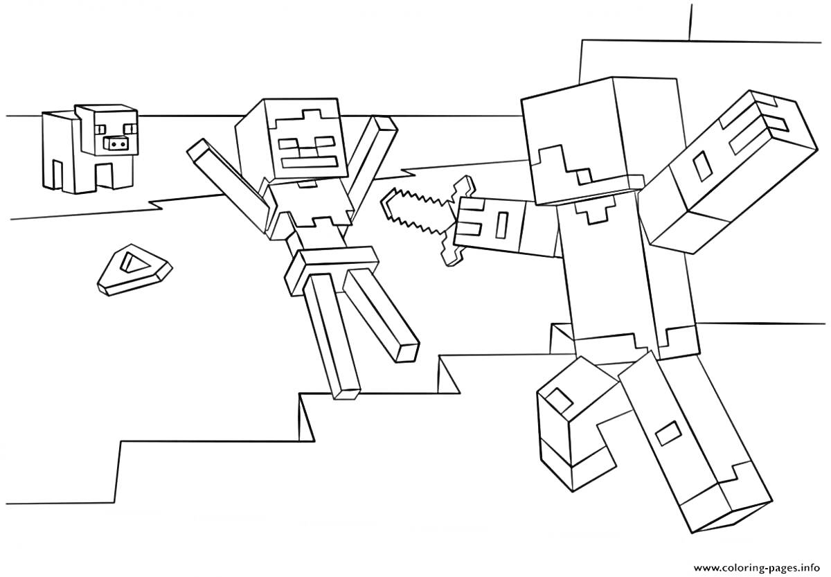 На раскраске изображено: Майнкрафт, Стив, Моб, Бой, Атака, Меч