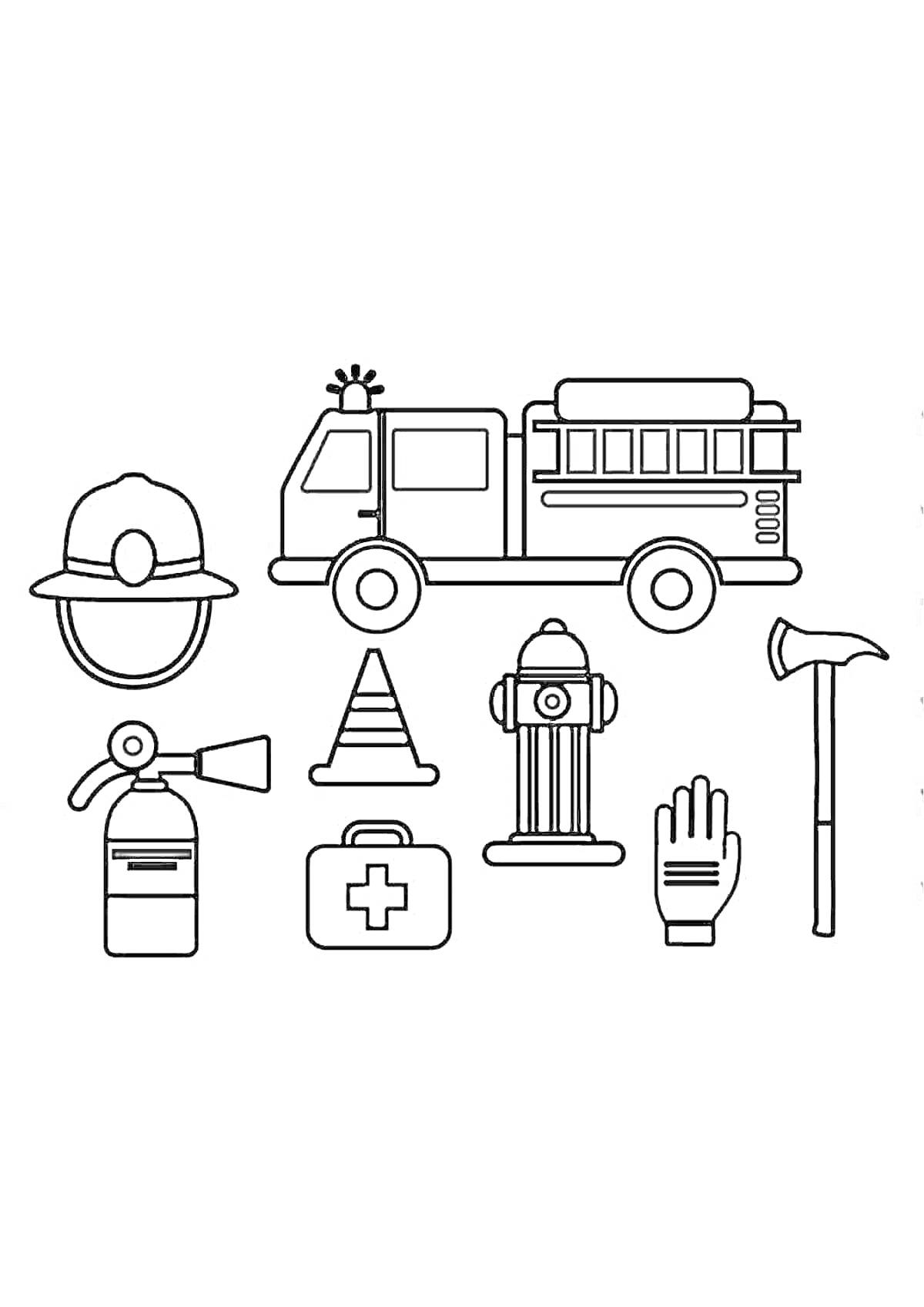 На раскраске изображено: Пожарный щит, Пожарная машина, Каска, Огнетушитель, Дорожный конус, Гидрант, Аптечка, Безопасность