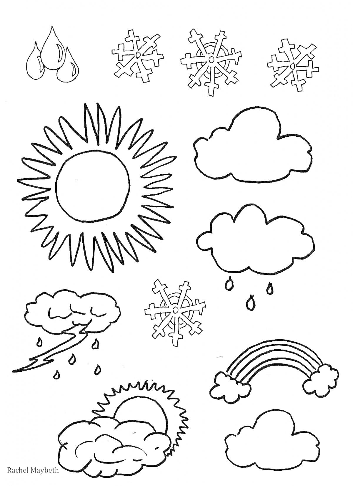 На раскраске изображено: Дождь, Снежинки, Солнце, Тучи, Облака, Гроза