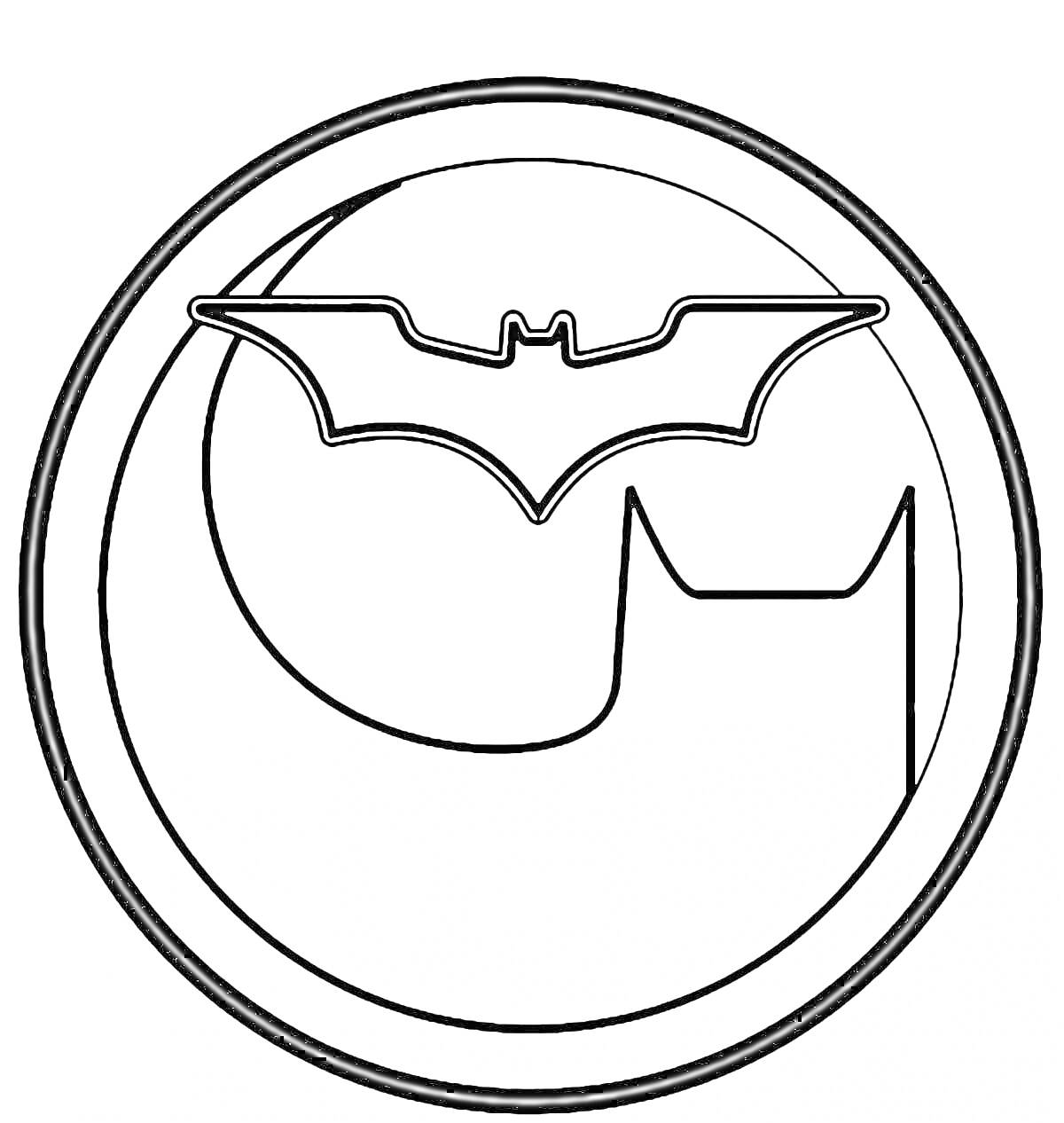На раскраске изображено: Бэтмен, Летучая мышь, Значок, Голова, Комиксы