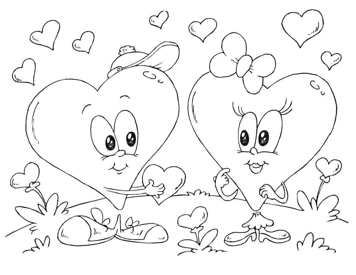 На раскраске изображено: День святого Валентина, Открытки, Сердца, Мальчик и девочка, Любовь, Романтика