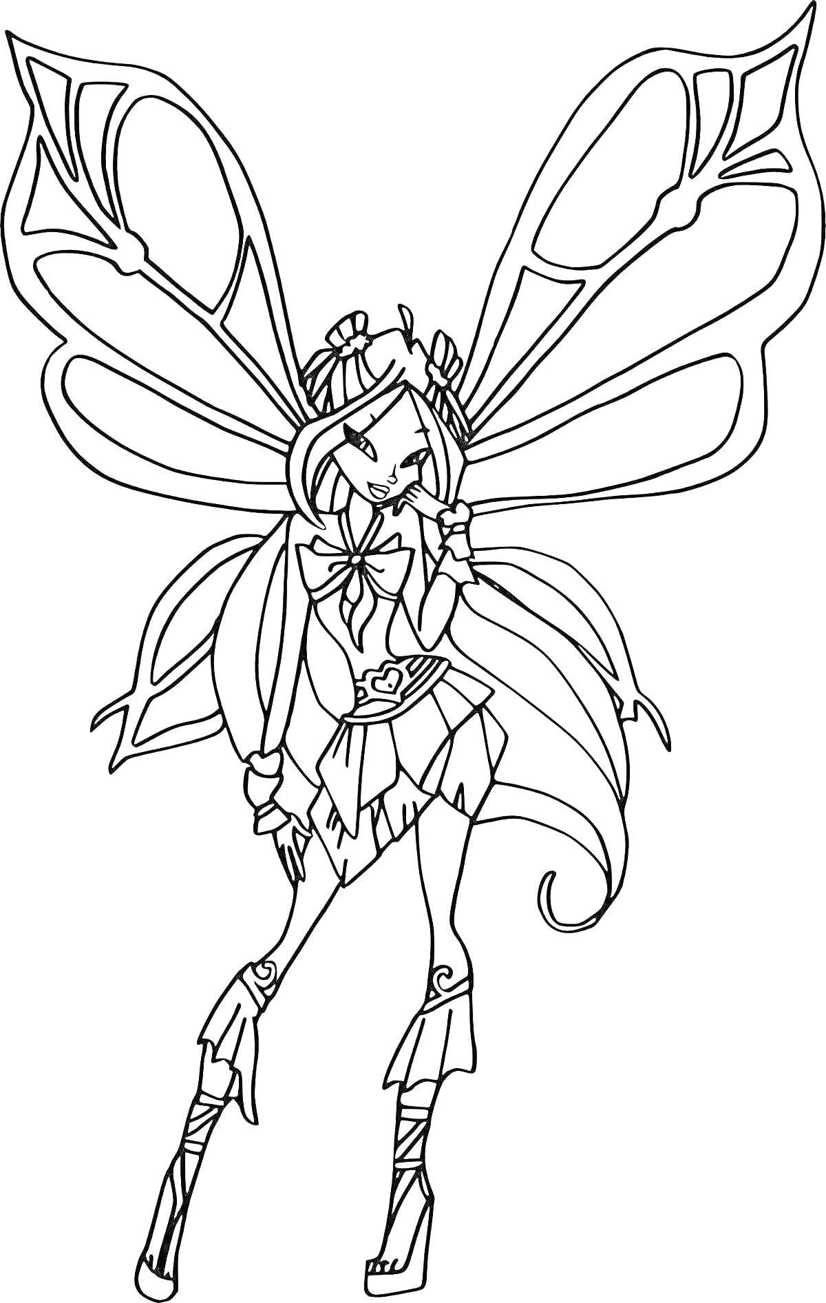 Раскраска Фея с крыльями в стиле Винкс Энчантикс с длинными волосами, одетая в короткое платье и высокие ботинки