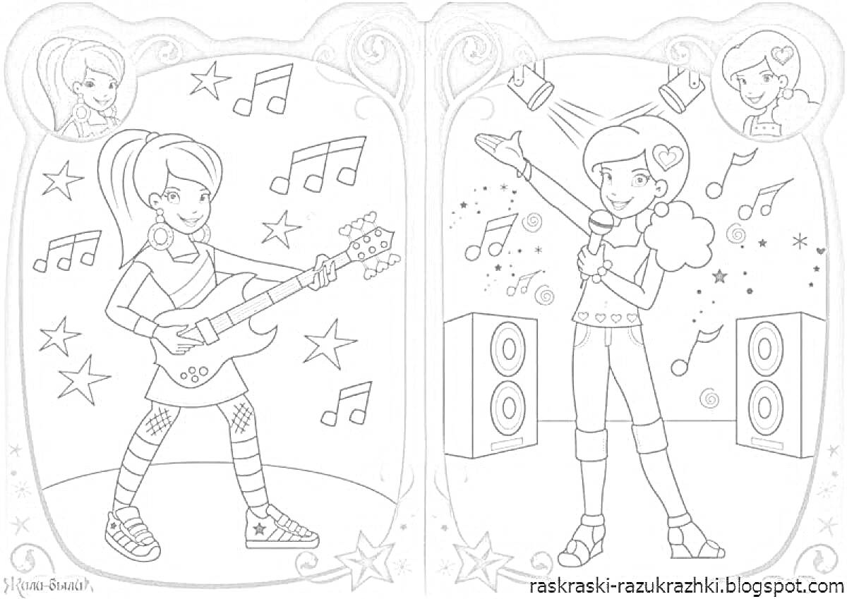 Раскраска девочки-музыканты с гитарой и микрофоном, ноты, колонки, звезды