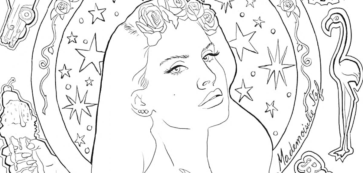 Раскраска Женщина с венком на голове, звезды, фламинго, ретро-машина, ангел