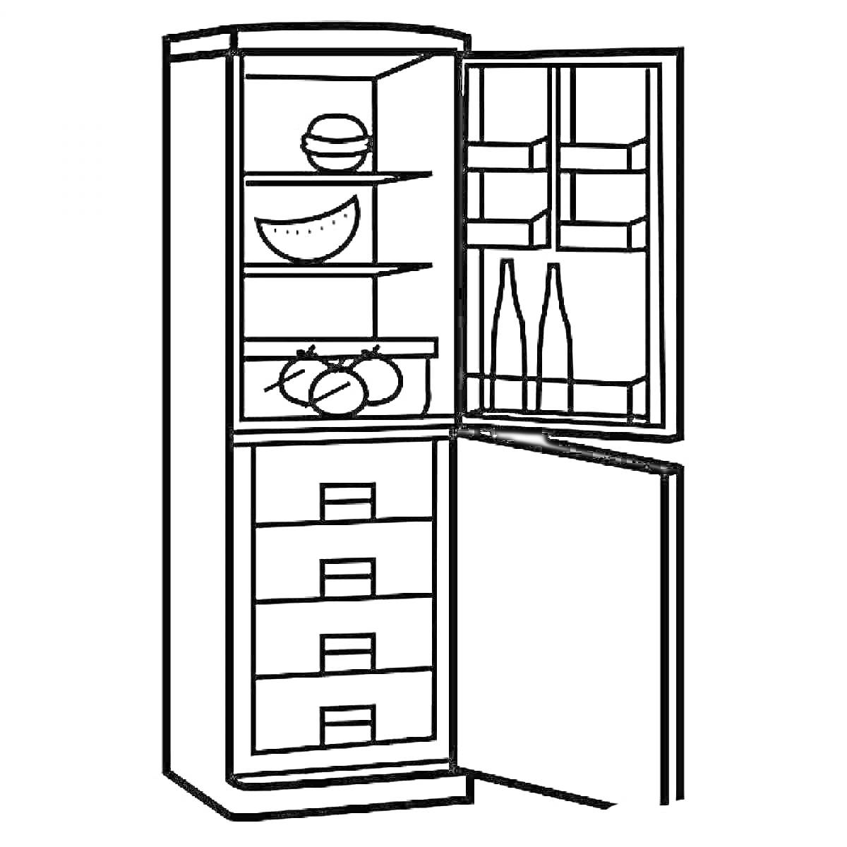 На раскраске изображено: Холодильник, Фрукты, Ящики, Полки, Еда, Кухня, Техника, Бутылка