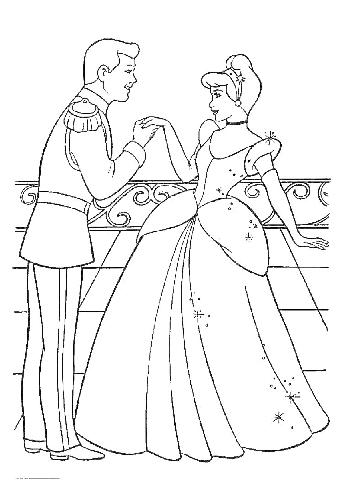 На раскраске изображено: Золушка, Принц, Балкон, Вечер, Платье, Бал, Романтика