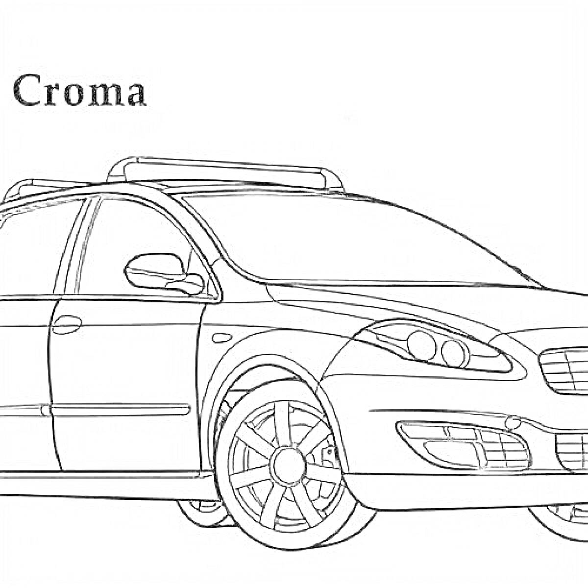 Раскраска Раскраска автомобиля Киа с багажником на крыше, зеркалами и колесами