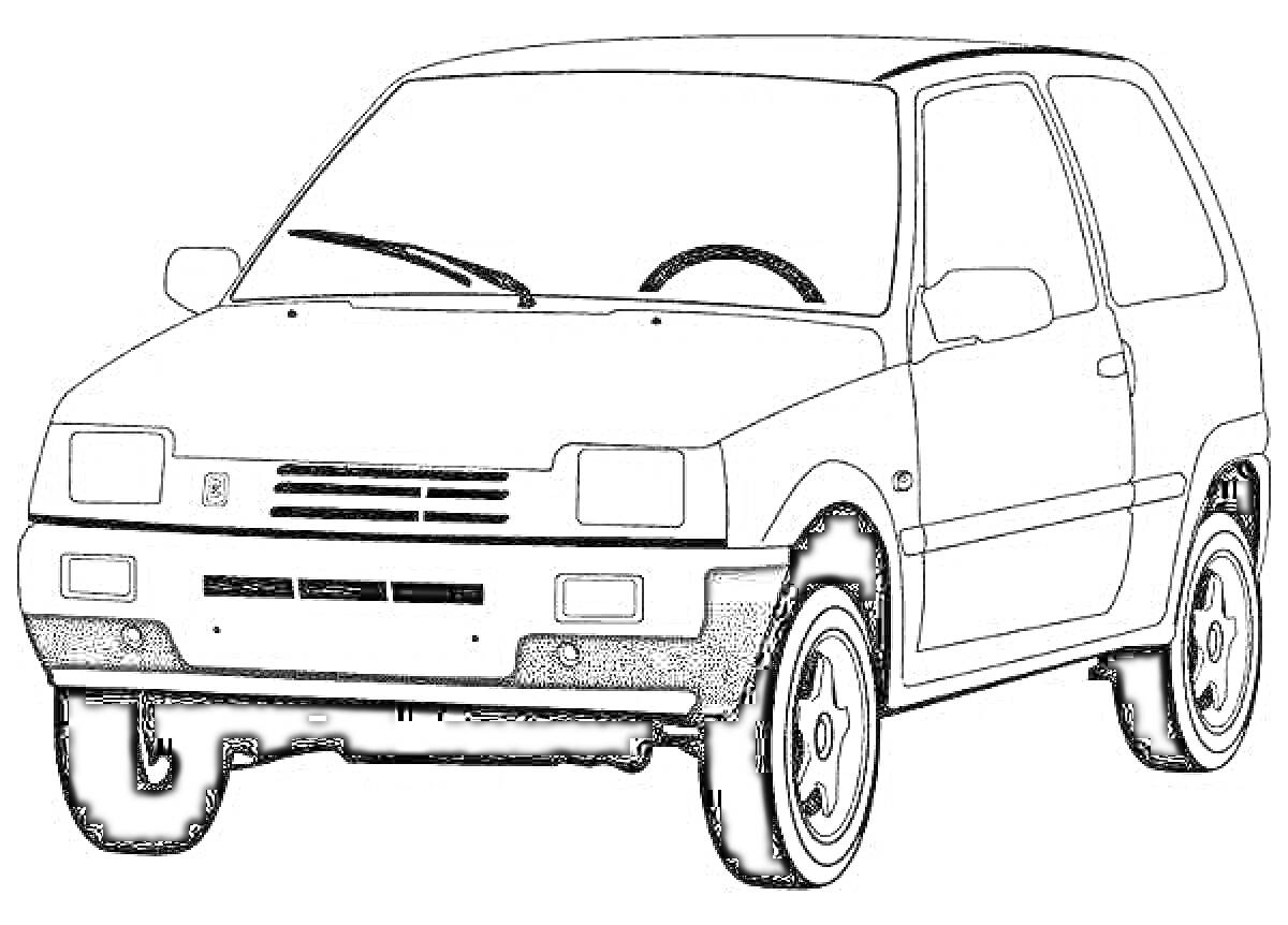 Раскраска Ока с видимыми элементами: окна, боковые зеркала, колеса, дворники
