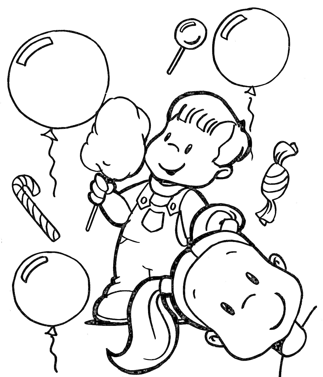 Раскраска Мальчик с сахарной ватой, девочка с хвостиками, леденцы, конфета в обертке, воздушные шары