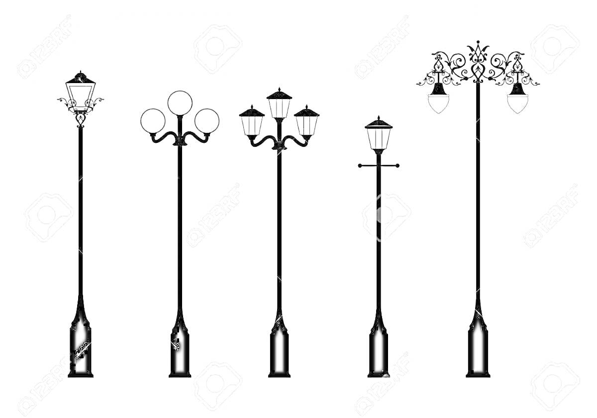 Раскраска Пять силуэтов уличных фонарей с различными дизайнами