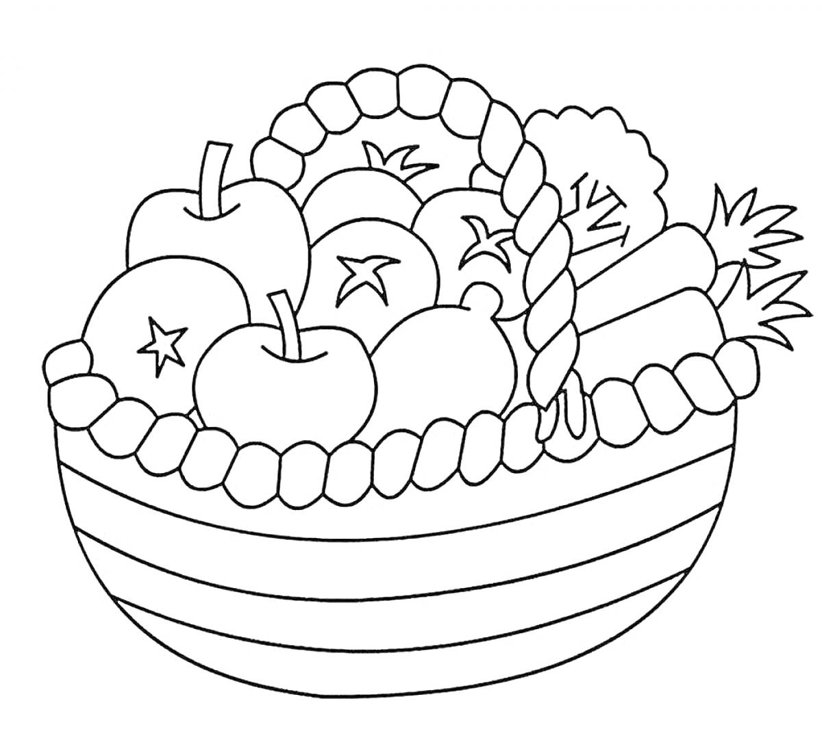 На раскраске изображено: Корзинка, Фрукты, Овощи, Виноград, Морковь, Брокколи, Еда, Для детей, Яблоко