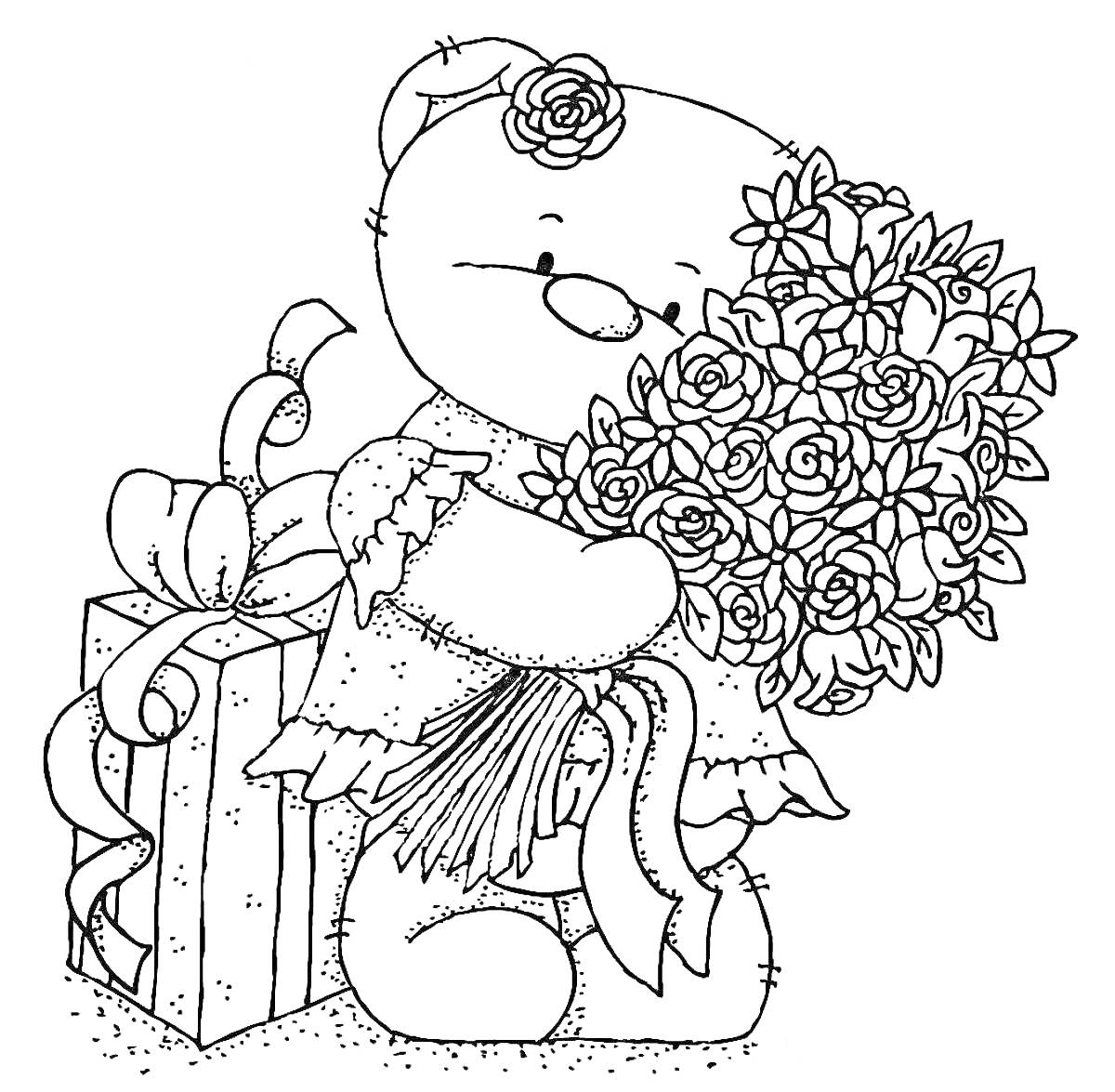 Раскраска Медведь с букетом роз и подарком