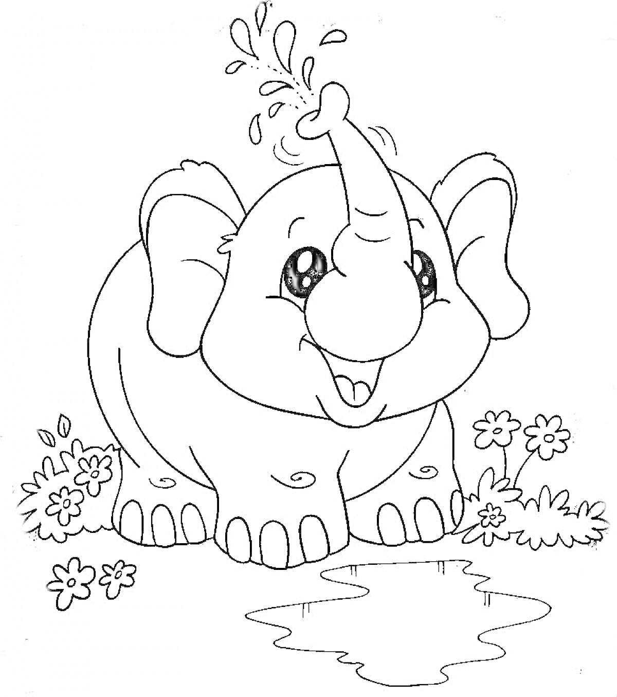 Раскраска Слоник, стоящий возле воды, с цветами вокруг