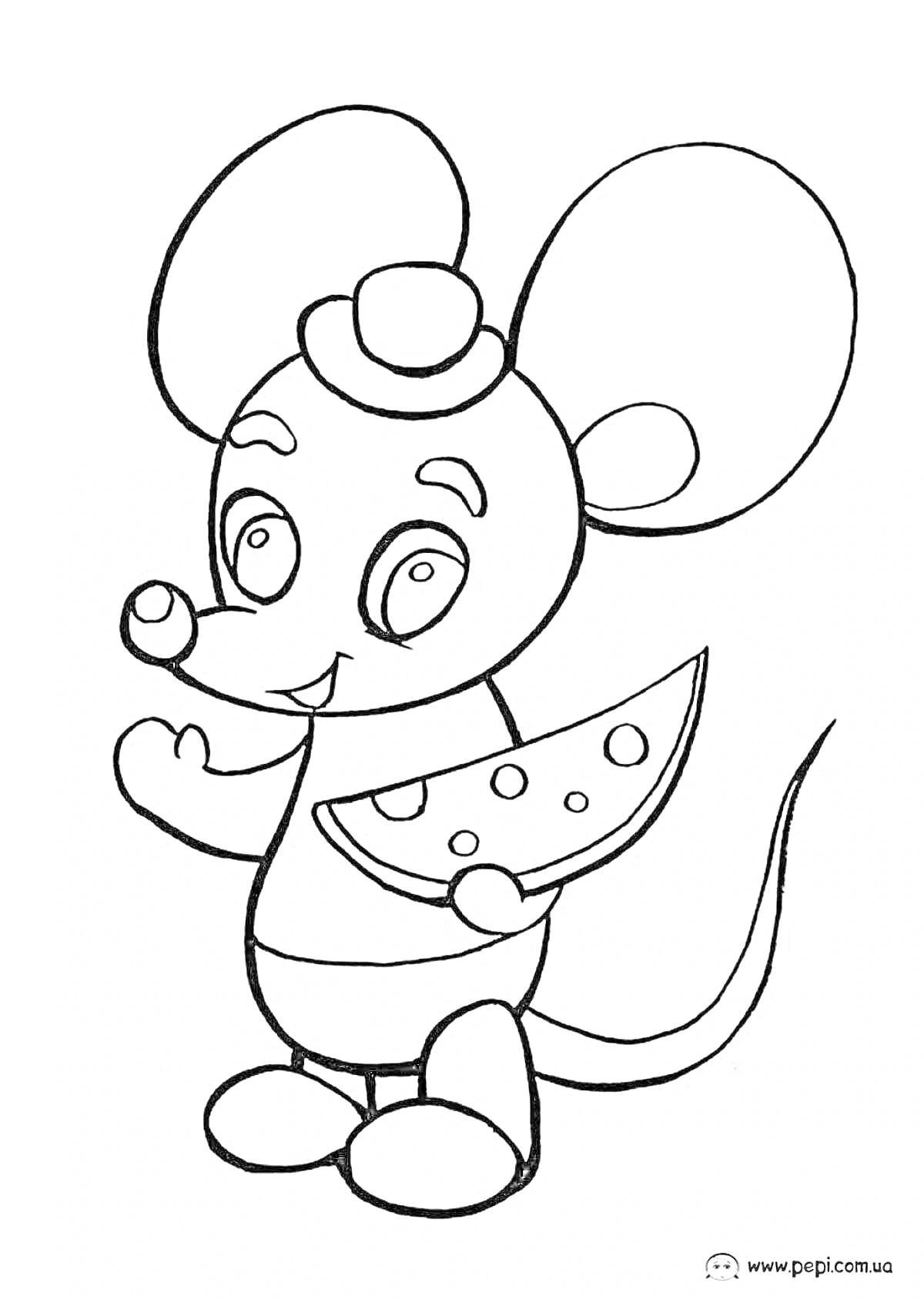 Раскраска Мышонок с кусочком сыра и шляпкой-котелком