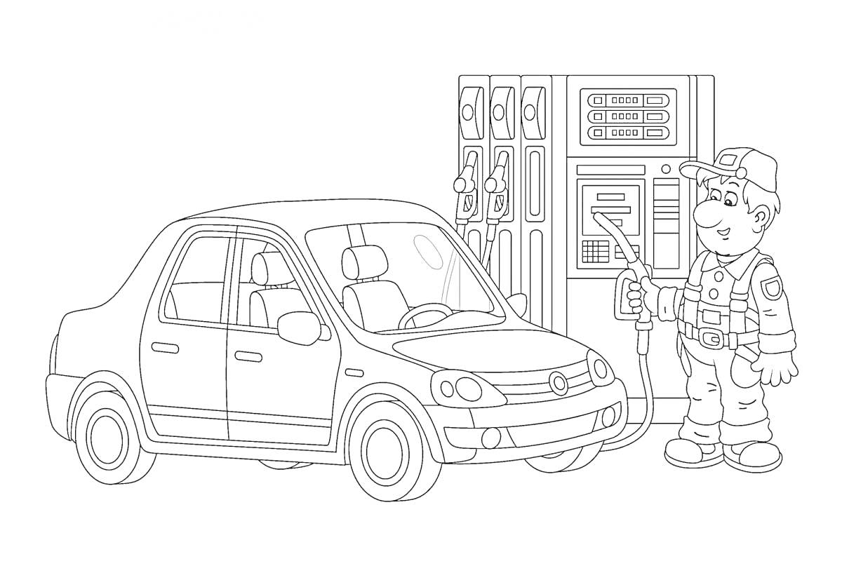 Раскраска Автомобиль на заправочной станции с работником.