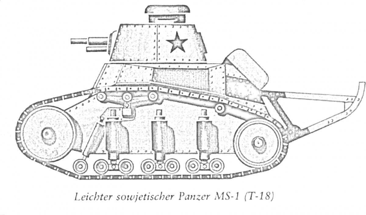 Танковый рисунок МС-1 (Т-18) с крупноводными элементами, боковая проекция, звезда на башне, гусеницы и ходовая система