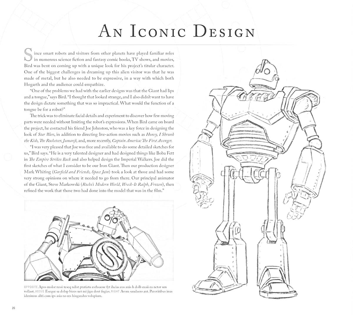 Раскраска Стальной Гигант с текстом и чёрно-белым изображением, стоящий робот и картинка робота с деревом на фоне