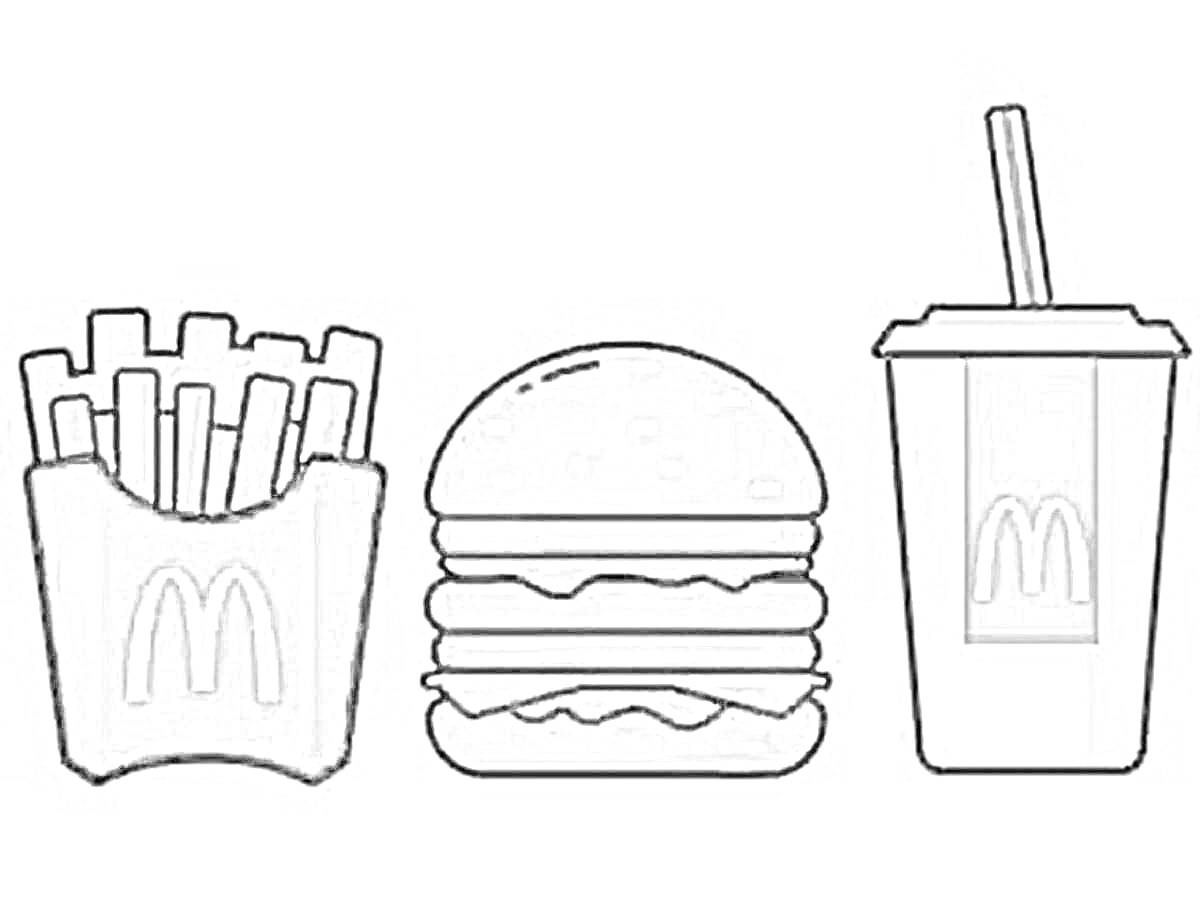 На раскраске изображено: Еда, Макдональдс, Картофель фри, Гамбургер, Напиток, Стакан