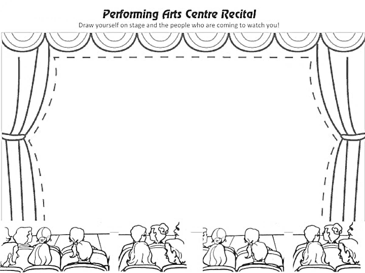 Раскраска Театральная сцена с занавесом и зрителями в зале