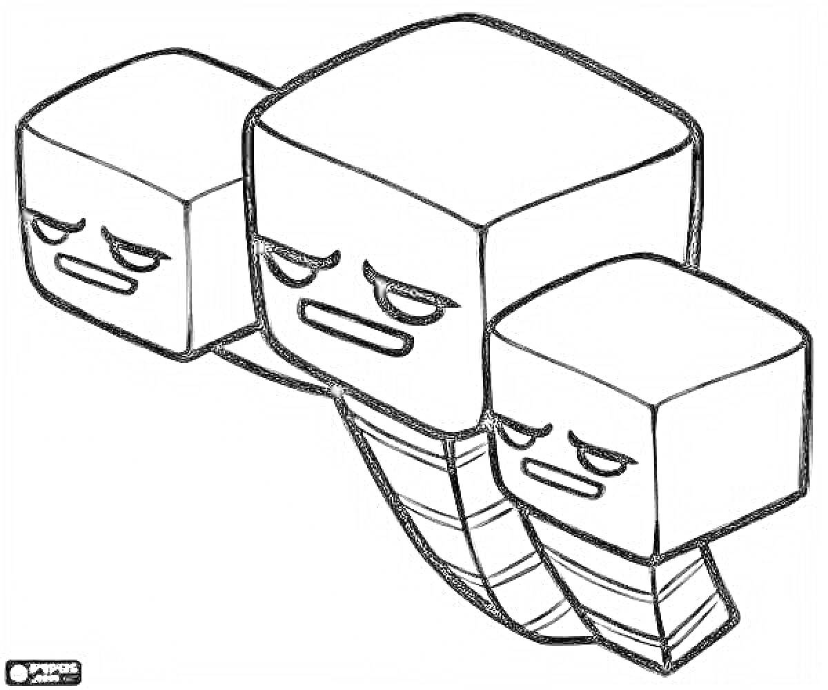 Раскраска Трёхголовый иссушитель из Майнкрафт с квадратными головами и телом-шарнир