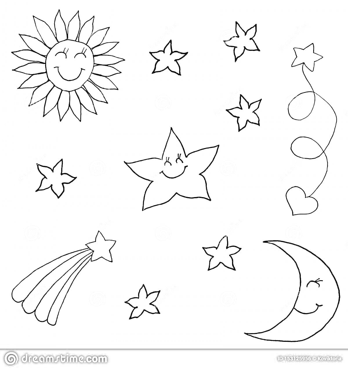 На раскраске изображено: Солнце, Луна, Комета, Небо, День, Ночь, Улыбка, Астрономия