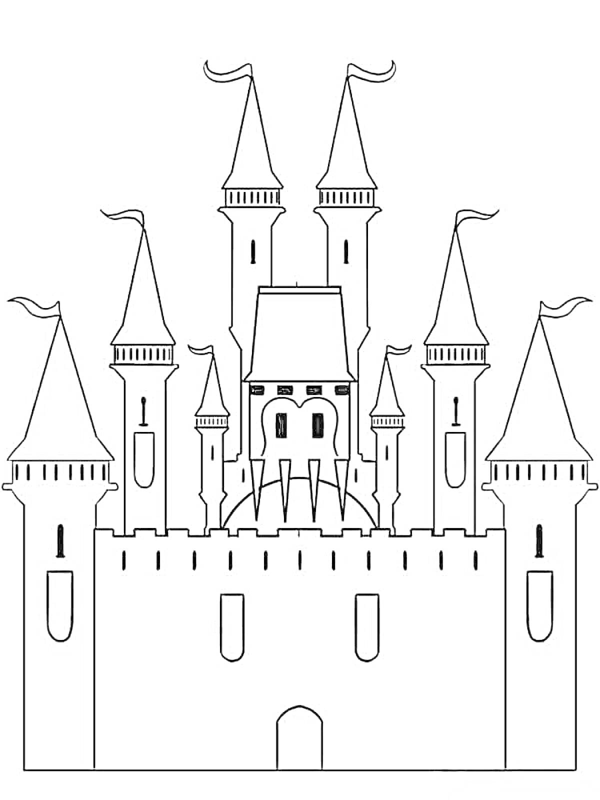 Раскраска Замок с башнями и флагами