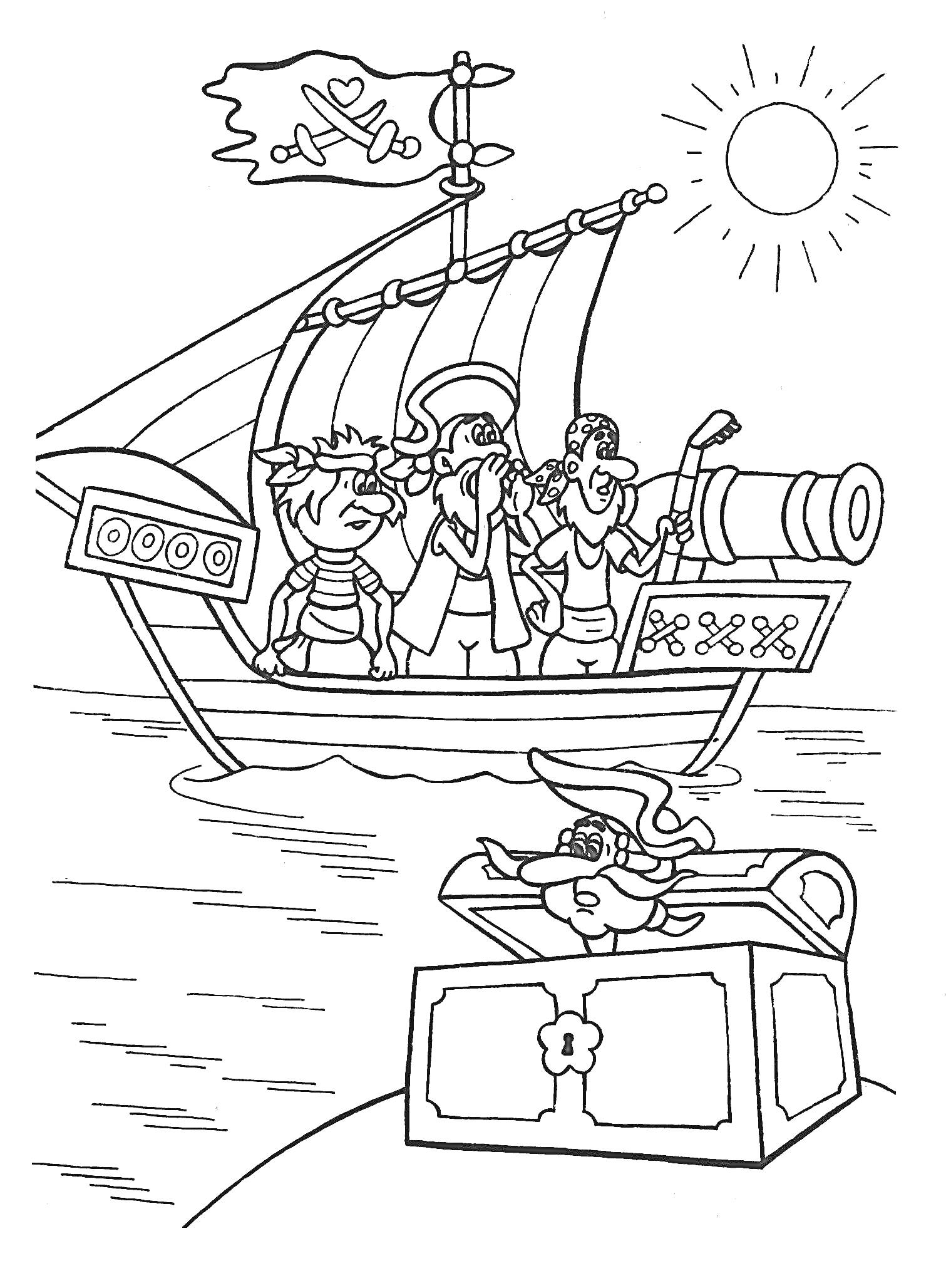 На раскраске изображено: Пираты, Корабль, Море, Барон Мюнхгаузен, Телескоп, Солнце, Сокровища, Пушка, Сундуки