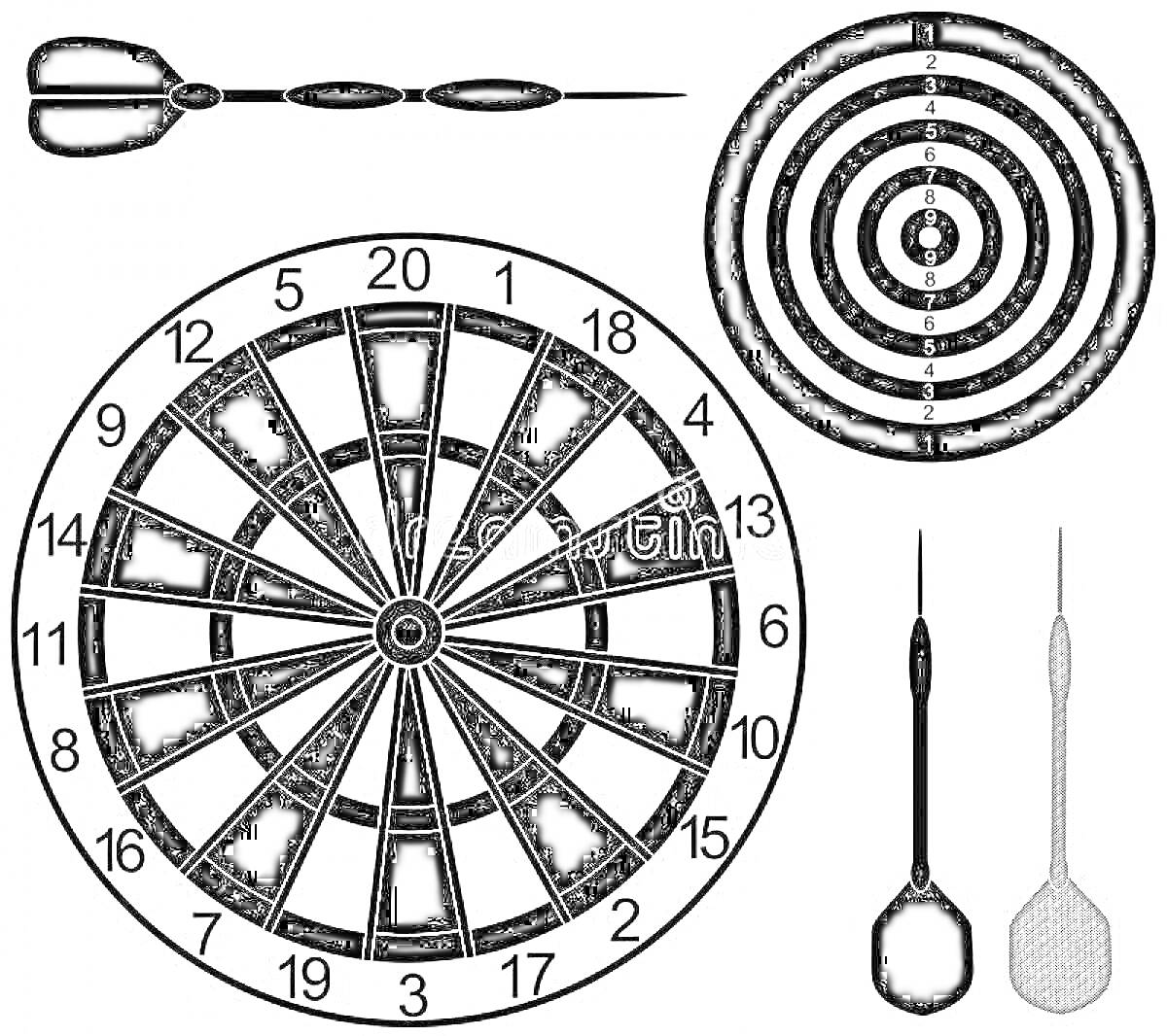 Раскраска набор элементов для дартса, состоящий из трех дротиков, мишени для дартса с кругами и мишени для дартса с номерами