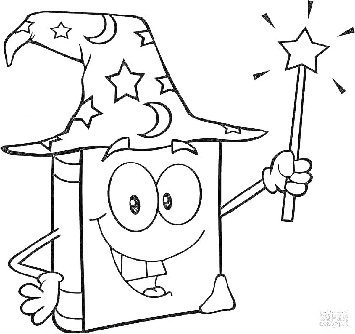 На раскраске изображено: Шляпа, Луна, Звезды, Волшебная палочка, Мультяшный стиль, Магия, Для детей