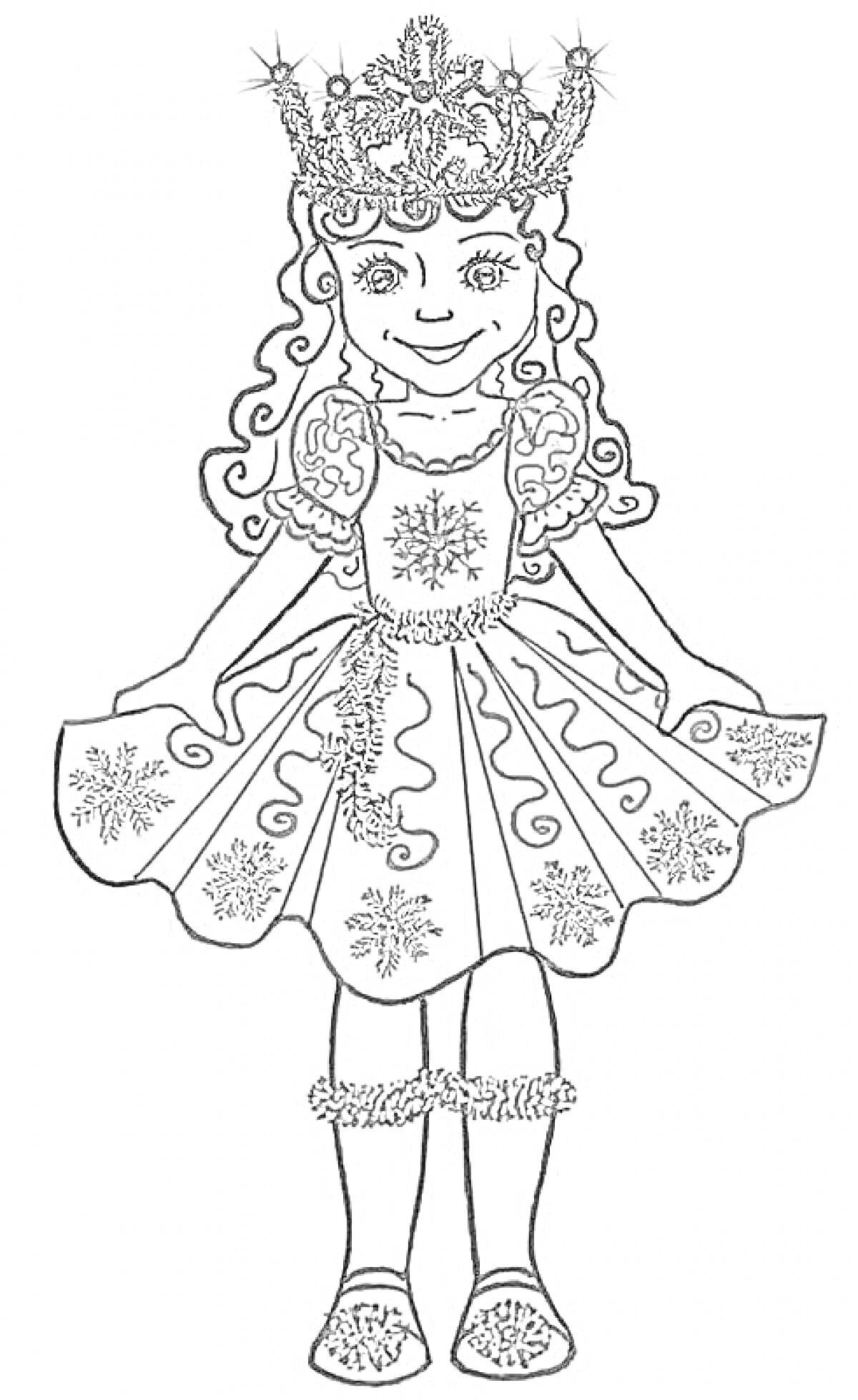 Раскраска Девочка в новогоднем костюме снежинки с короной и платьем со снежинками