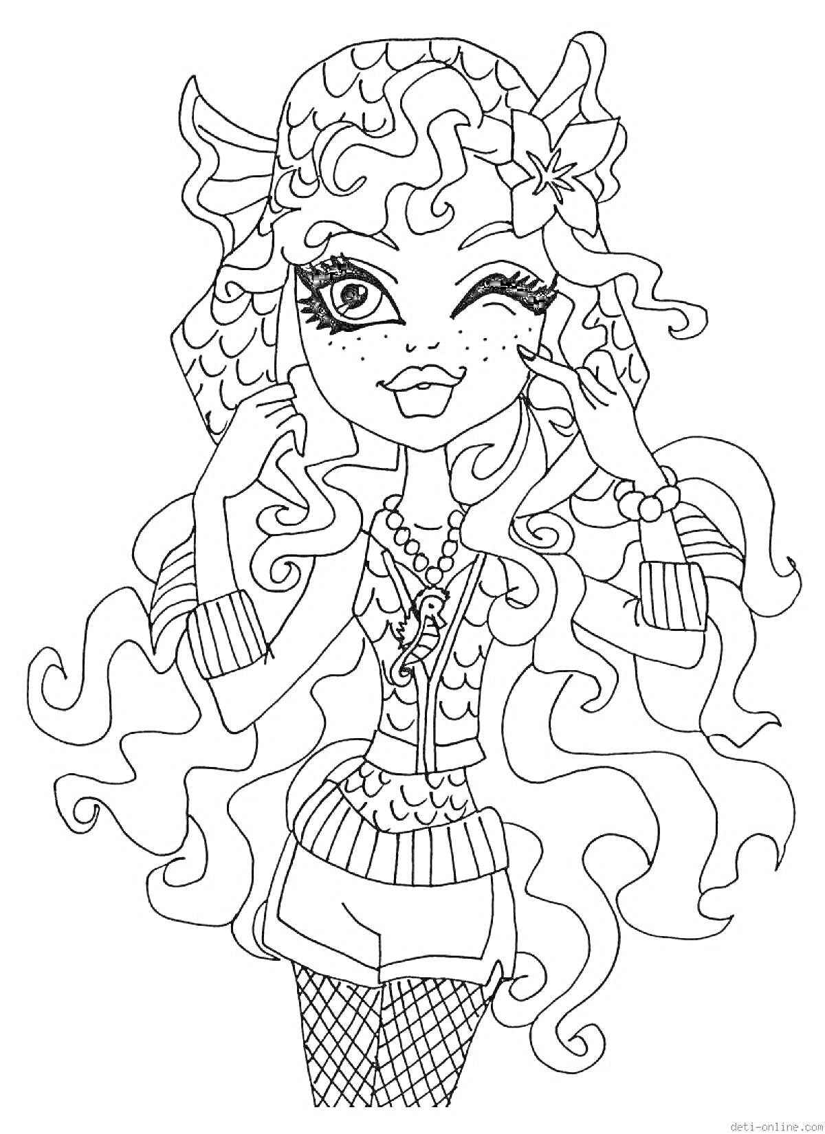 Раскраска Девушка из Монстр Хай с длинными волнистыми волосами, в рубашке и шортах с узором, украшенная ожерельем и браслетом, подмигивающая и касающаяся лица пальцами обеих рук.