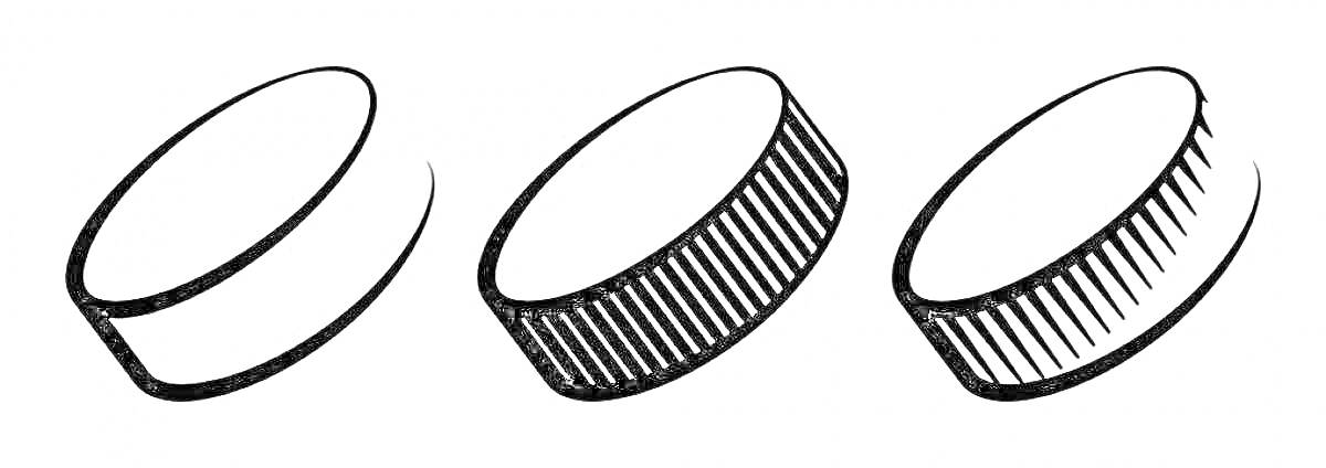 Раскраска Три хоккейные шайбы с разными текстурами боковой поверхности
